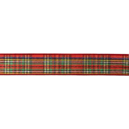 1.5‑inch wired ribbon with bold red‑black‑gold plaid design, ideal for ornaments and home decor accents