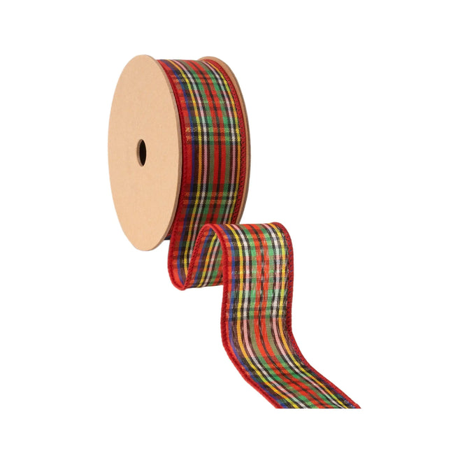 Classic tartan wired ribbon with red black gold multiâ€‘color check, 1.5â€‘inch width for DIY craft embellishments
