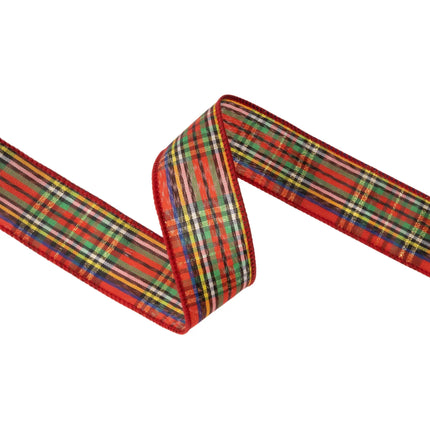 Bright checkered wired ribbon featuring red‑black‑gold plaid weave for fall styling