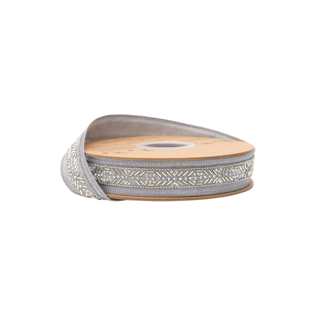 1" wired ribbon, elegant silver geometric beaded trim with silver backing for luxury decorative crafts