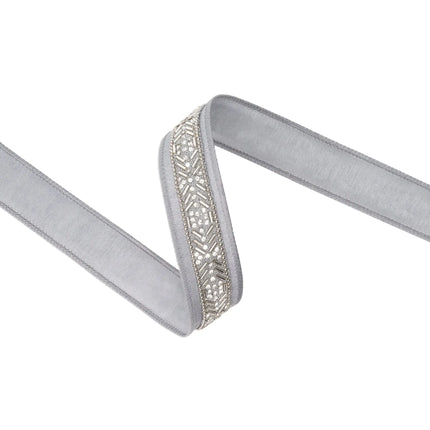 wired ribbon with ornate silver beaded embellishment, polished silver backing for upscale styling