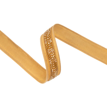Shiny crystal‑beaded wired ribbon, gold geometric design for wreaths, gift wrapping and formal styling
