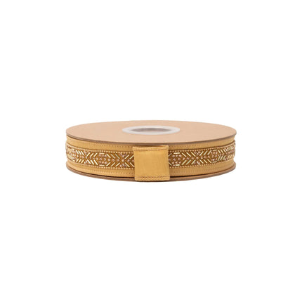 1" premium wired ribbon, detailed gold beaded pattern with wired edge and smooth gold backing
