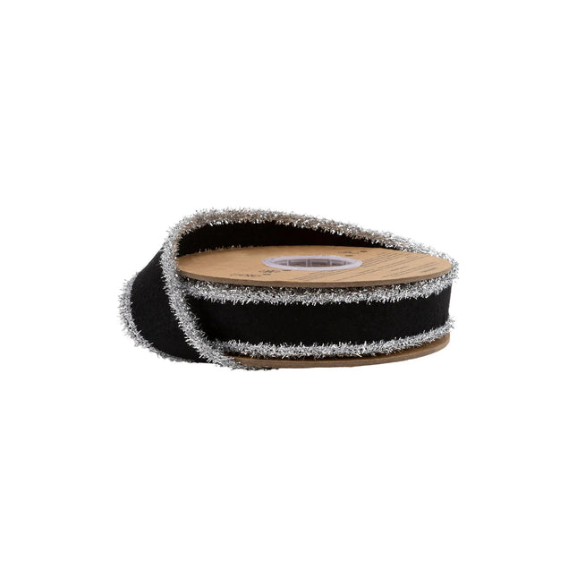 1" black felt wired ribbon with fuzzy silver tinsel trim, ideal for holiday gift bow decor.