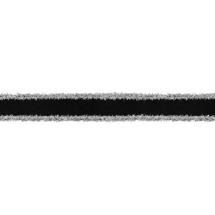 Silver tinsel trimmed black felt wired ribbon perfect for witch-themed decor and winter handmade craft projects.