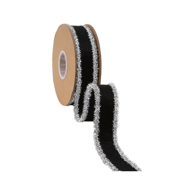 Solid black felt ribbon with sparkly silver tinsel borders, 1-inch width for spooky seasonal DIY craft ornaments.