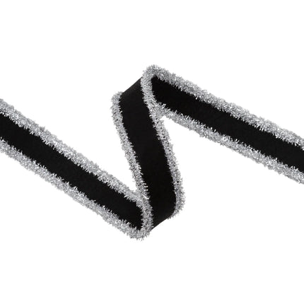 Glam black wired felt ribbon with silver tinsel fringe trim, suited for Halloween party decor