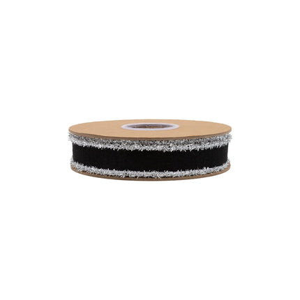 1" wired black felt ribbon featuring metallic silver tinsel edging for fall floral arrangement embellishments.