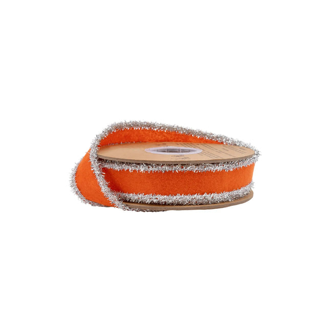 1" orange felt wired ribbon with fluffy silver tinsel trim, ideal for Halloween wreath decor 