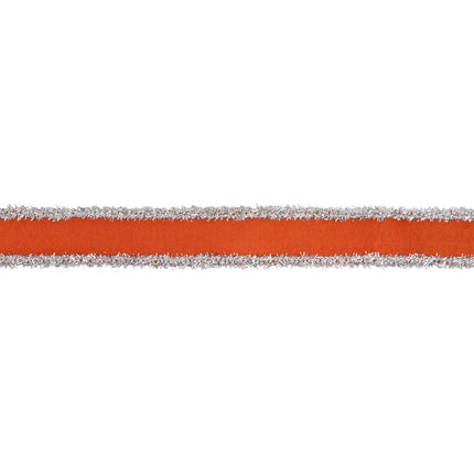 Festive orange wired felt ribbon with metallic silver tinsel trim, suited for Thanksgiving home accent decorations.