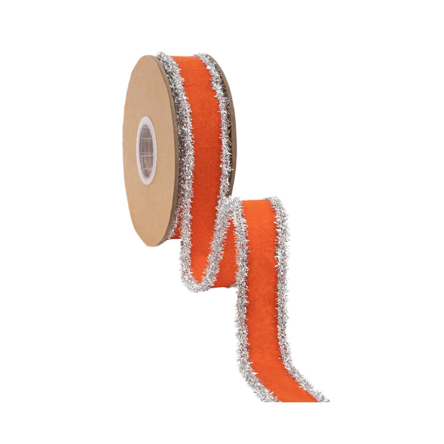 Bright orange felt ribbon with sparkly silver tinsel edge, 1-inch width perfect for fall seasonal DIY craft ornaments.