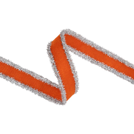 1" wired orange felt ribbon featuring fuzzy silver tinsel borders for autumn floral arrangement embellishments.