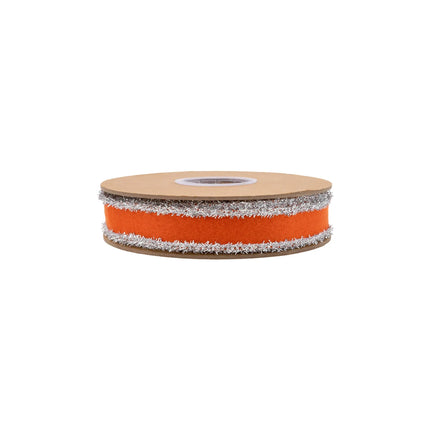 Bright orange felt ribbon with sparkly silver tinsel edge, 1-inch width perfect for fall seasonal DIY craft ornaments.