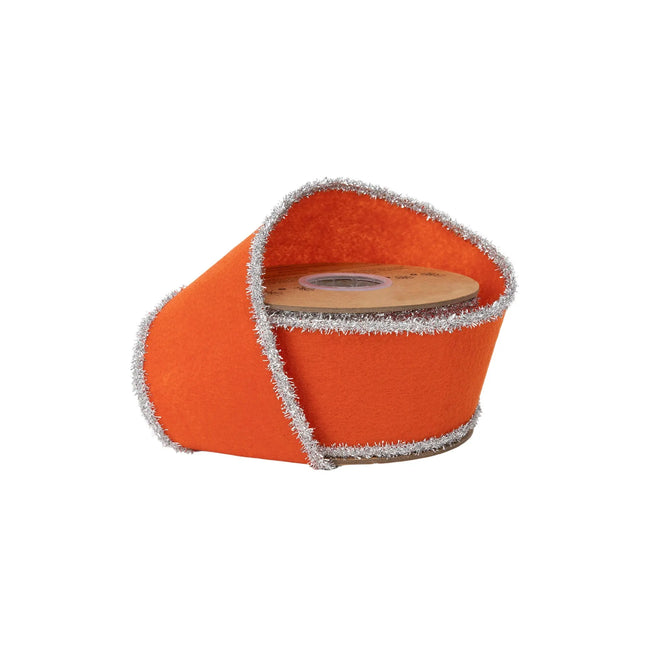 2 1/2" orange felt wired ribbon with fluffy silver tinsel trim, ideal for Halloween wreath