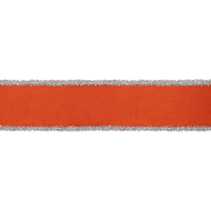 2.5-inch sturdy orange felt wired ribbon with fuzzy silver tinsel trim