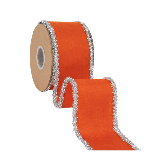 Vibrant orange wired felt ribbon with sparkly silver tinsel borders, 2.5-inch width for oversized Thanksgiving gift bows.