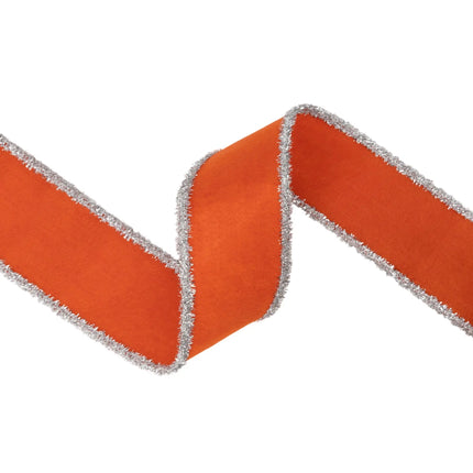 Festive silver tinsel edged orange wired felt ribbon, perfect for Halloween party decor and farmhouse fall ornaments.