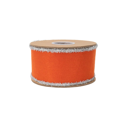 2 1/2" thick orange felt ribbon with metallic tinsel edge for autumn floral arrangement and seasonal DIY crafts.