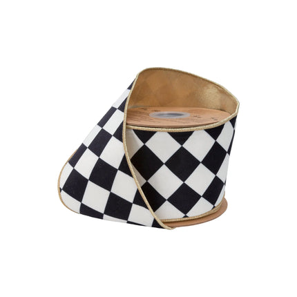4" wired black white rhombus velvet ribbon with metallic gold backing, ideal for large front door wreath