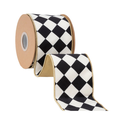 Classic harlequin check velvet wired ribbon with gold edged lining, 4-inch width for oversized handmade gift bows.