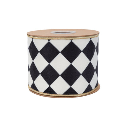 Bold black and white rhombus patterned ribbon with gold metallic backing, suited for Christmas decor