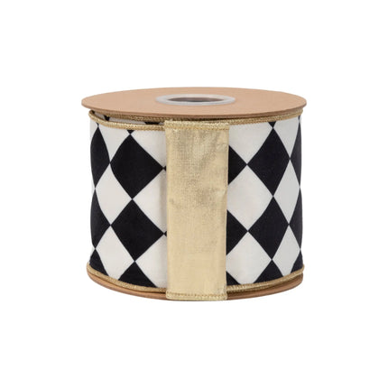 4" wired velvet ribbon with black-white diamond print and shiny gold reverse for farmhouse seasonal DIY crafts.
