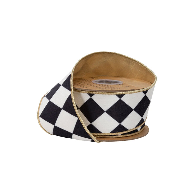 2 1/2" wired black white rhombus velvet ribbon with metallic gold backing, great for farmhouse wreath 