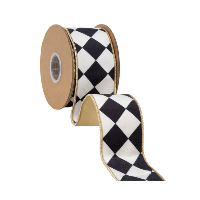 Diamond check black white velvet wired ribbon with gold trim lining, 2.5-inch width for gift bows.