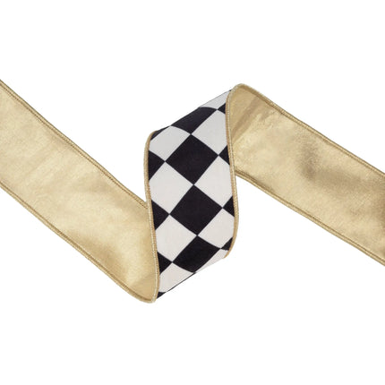 2.5-inch wired black white diamond velvet ribbon with gold backing for elegant floral arrangement decorations.