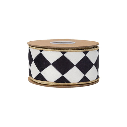 Retro harlequin pattern velvet ribbon with gold metallic reverse, suited for Christmas tree trimming 