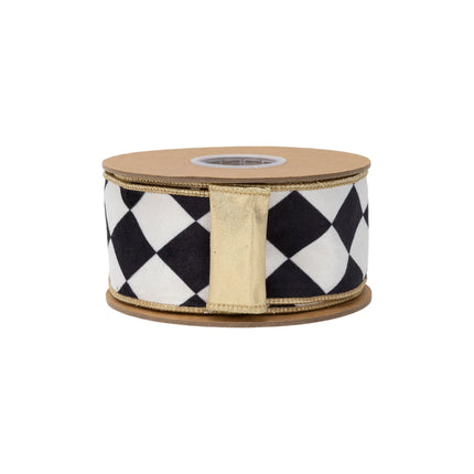 2 1/2" wired velvet ribbon featuring black-white rhombus print and shiny gold backing for DIY craft projects.