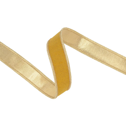 1"  metallic‑edged dupioni ribbon in dark yellow gold tone with reflective gold backing