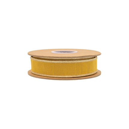 Smooth dark yellow‑gold wired dupioni ribbon with metallic backing for holiday and home decorations