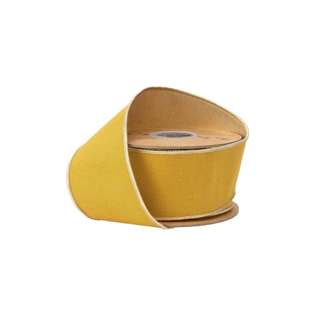 2 1/2" wired dupioni ribbon, dark yellow gold fabric with shiny metallic backing for luxury holiday decor