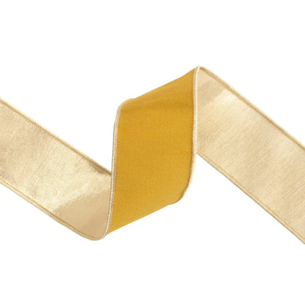 2 1/2" metallic‑edged dupioni ribbon in dark yellow gold tone for wreath, gift and home styling accents