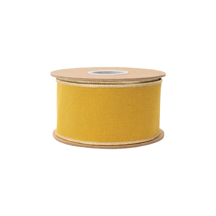 Elegant wired dupioni ribbon featuring deep golden yellow hue and glossy metallic backing for craft projects