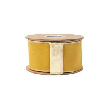 Premium 2 1/2" wired ribbon, smooth dark yellow‑gold dupioni material paired with metallic gold reverse side