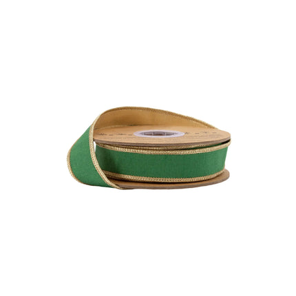 1" wired dupioni ribbon, rich emerald green fabric with shiny metallic gold backing for elegant holiday decor
