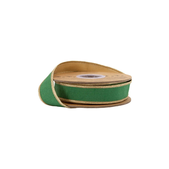 1" wired dupioni ribbon, rich emerald green fabric with shiny metallic gold backing for elegant holiday decor