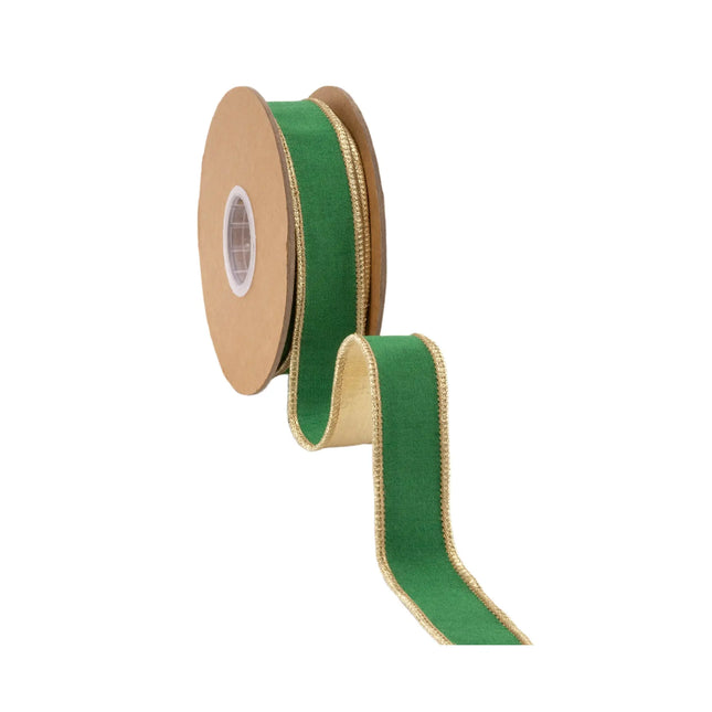 Vibrant emerald green dupioni wired ribbon,metallic trim and reflective gold reverse side