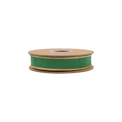Sleek wired dupioni ribbon featuring deep emerald green hue and glossy metallic backing for DIY craft projects