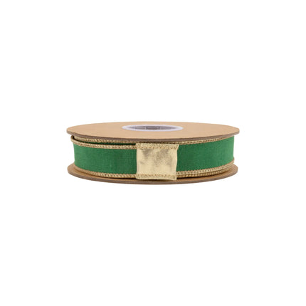 Premium 1" wired ribbon, smooth emerald green dupioni material paired with polished metallic gold backing
