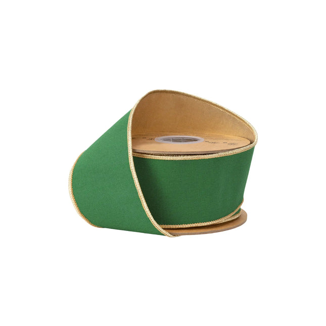 2 1/2" wired dupioni ribbon, rich emerald green fabric with shiny metallic gold backing