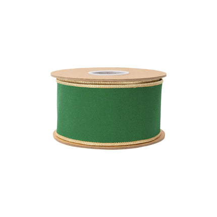 Luxurious emerald green dupioni wired ribbon, with metallic trim and polished gold reverse side