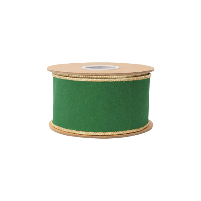 Luxurious emerald green dupioni wired ribbon, with metallic trim and polished gold reverse side