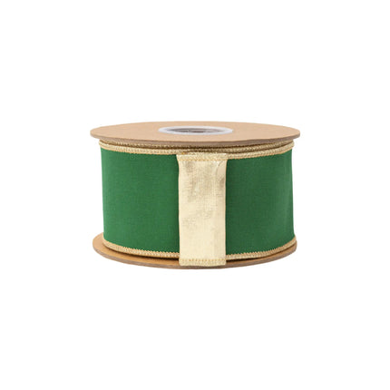 Premium 2 1/2" wired ribbon, smooth emerald green dupioni material paired with reflective metallic backing