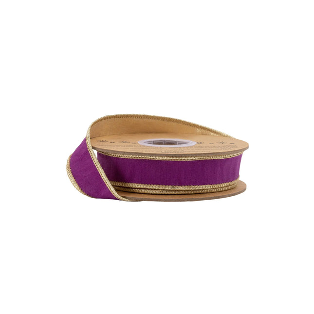 1" wired dupioni ribbon, rich purple fabric with shiny metallic gold backing for elegant festive decor