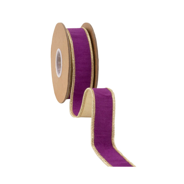 Vibrant purple dupioni wired ribbon, with metallic gold trim and polished gold reverse side