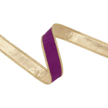 1‑inch metallic‑edged dupioni ribbon in purple tone for gift wrapping, wreaths and seasonal styling