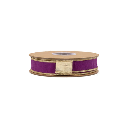 Premium 1" wired ribbon, smooth purple dupioni material paired with reflective metallic gold backing